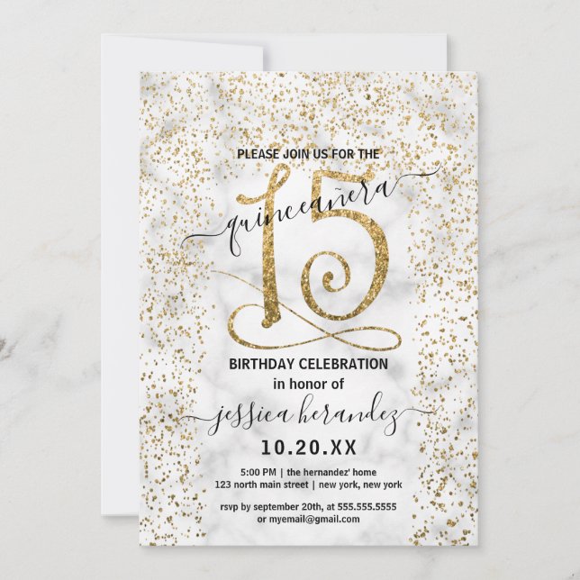 Invitation Chic Marbre Or Confetti Frontière Quinceañera (Devant)