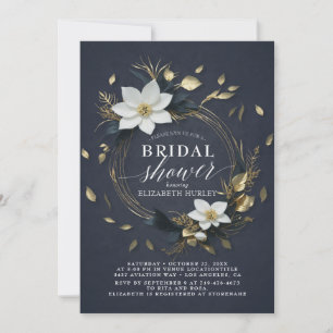 Invitation Chic Mariage Couronne Fleurie Noir Blanc Or