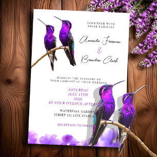 Invitation Chic Mariage de colibris et de pétales violets