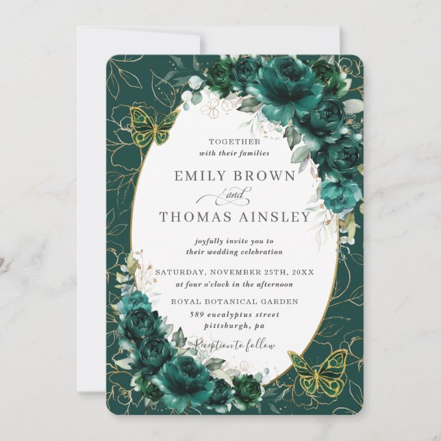 Invitation Chic Mariage Emerald Green Gold Floral Papillons (Devant)