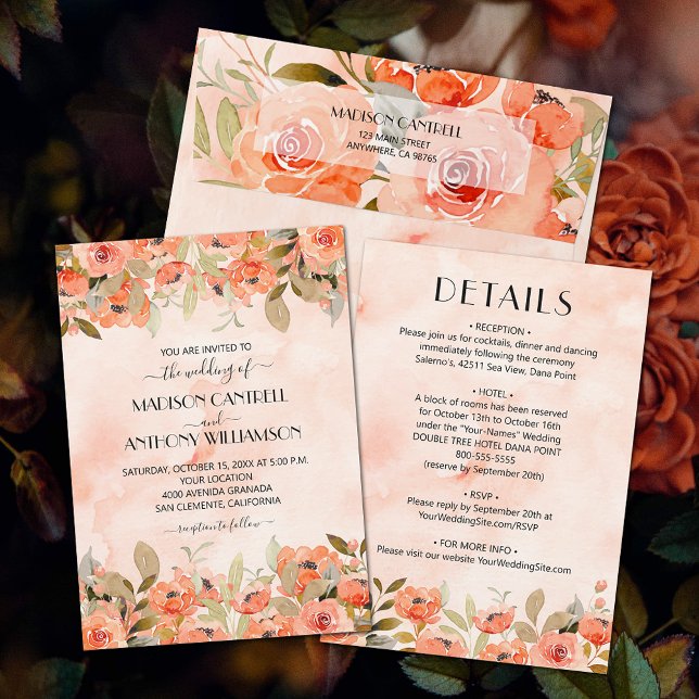 Invitation Chic Mariage Floral Aquarelle Tout En Un (Watercolor orange floral all-in-one wedding invitations (envelopes sold separately.))