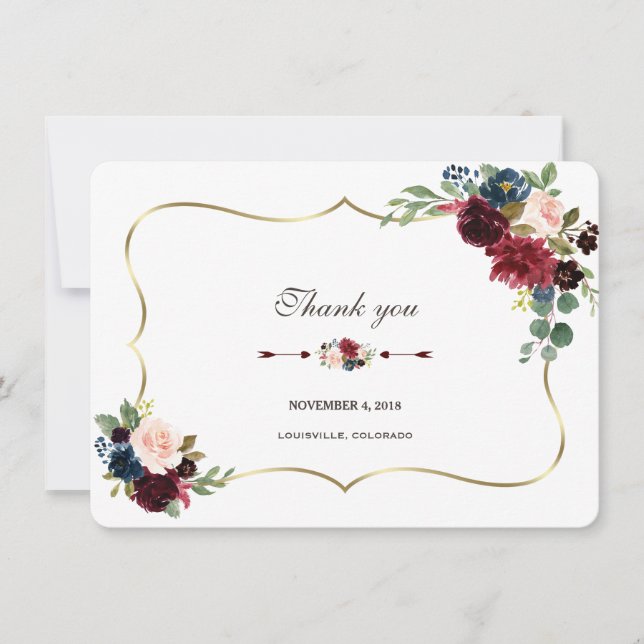 Invitation Chic Mariage Remerciements Merlot Bleu Nuit Floral (Devant)