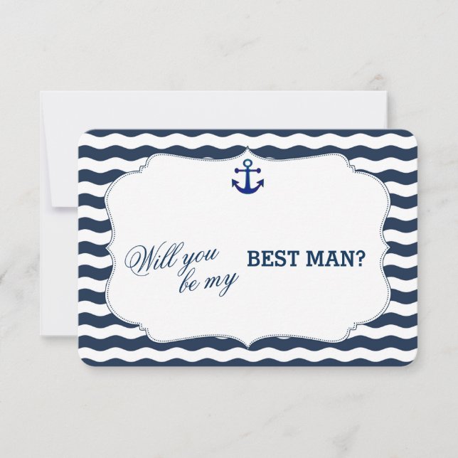 Invitation Chic Marin Vagues Navy Ancre SOIS MON TÉMOIN (Devant)