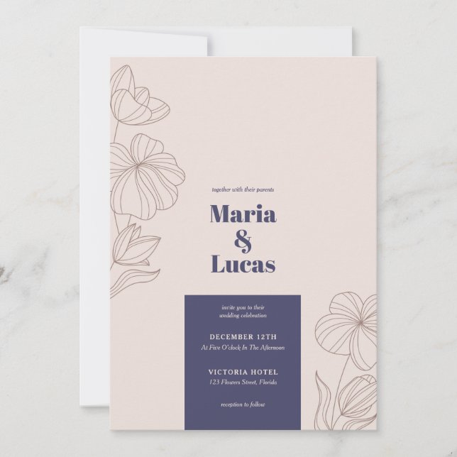 Invitation Chic marine beige brun floral audacieux mariage (Devant)