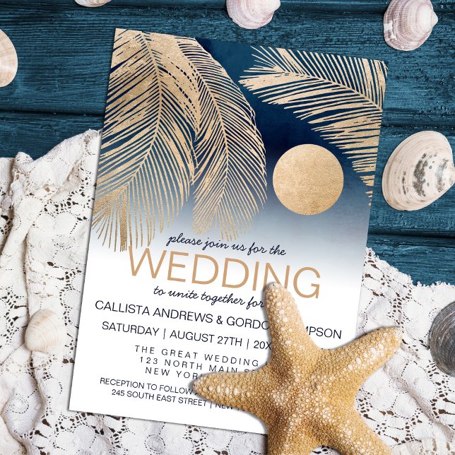 Invitation Chic Marine Bleu Or Blanc Palm Arbre Mariage feuil (Créateur téléchargé)
