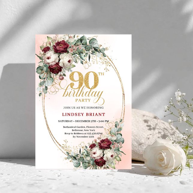 Invitation Chic Maroon Peonies Greenery 90th Birthday Invite (Chic Maroon Peonies Greenery 90th Birthday Invite)