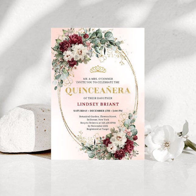 Invitation Chic Maroon Peony Eucalyptus 15th Birthday Invite (Chic Maroon Peony Eucalyptus 15th Birthday Invite

)