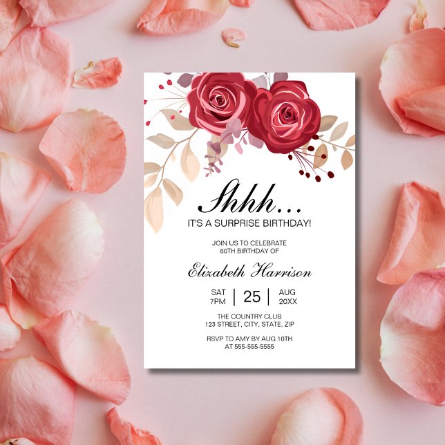 Invitation Chic Maroon Rose Floral Surprise Anniversaire (Créateur téléchargé)