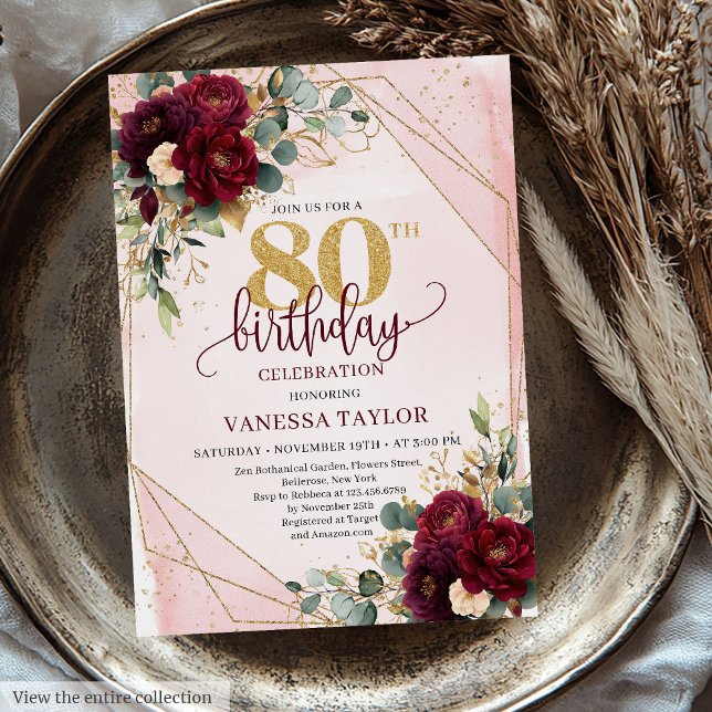 Invitation Chic Maroon White Gold Roses 80e anniversaire Invi (Chic Maroon White Gold Roses 80th Birthday Invitation)