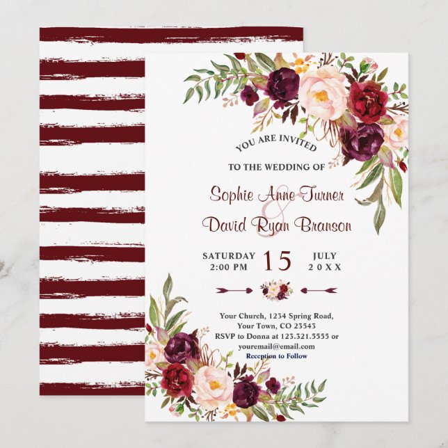 Invitation Chic Marsala Floral Bourgogne Mariage (Devant / Derrière)