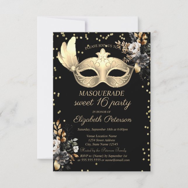 Invitation Chic Masque Diamants Noir Rose Sweet 16 (Devant)