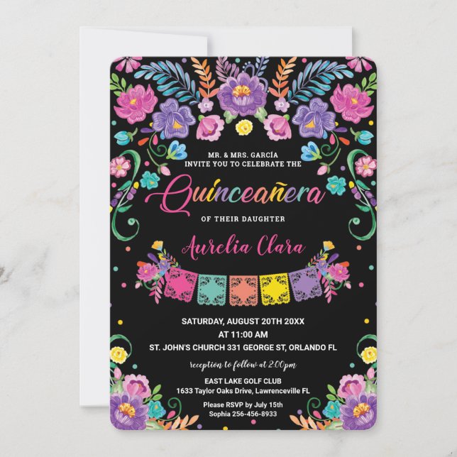 Invitation Chic mexicain Floral Quinceañera 15 Anos Anniversa (Devant)