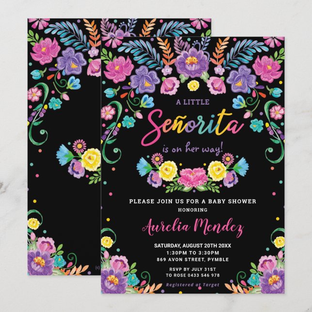 Invitation Chic Mexicaine Floral Señorita Baby shower Girl (Devant / Derrière)