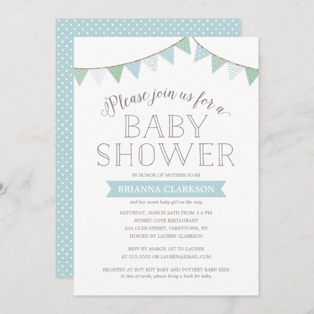 Invitation chic minable de baby shower du bleu | (Devant / Derrière)