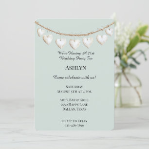 Invitation Chic Mint Green Coeurs blancs Anniversaire