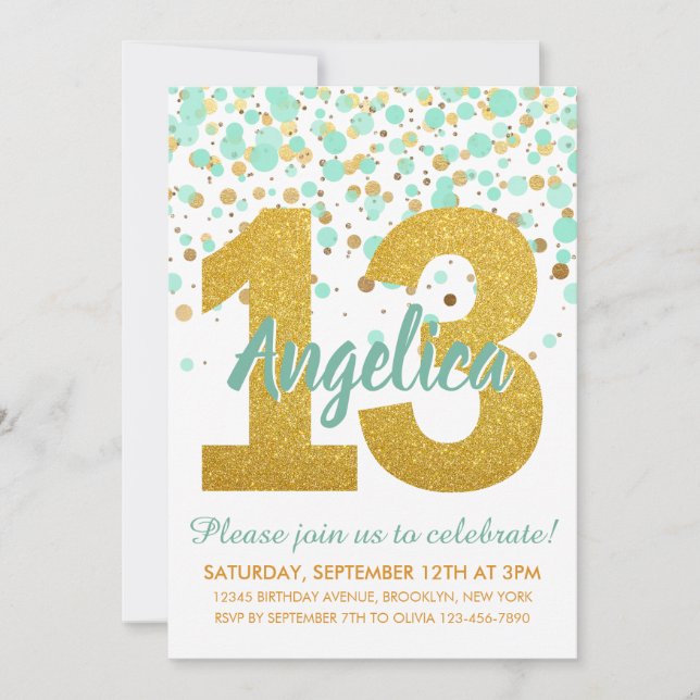 Invitation Chic Mint Parties scintillant or Confetti fille 13 (Devant)