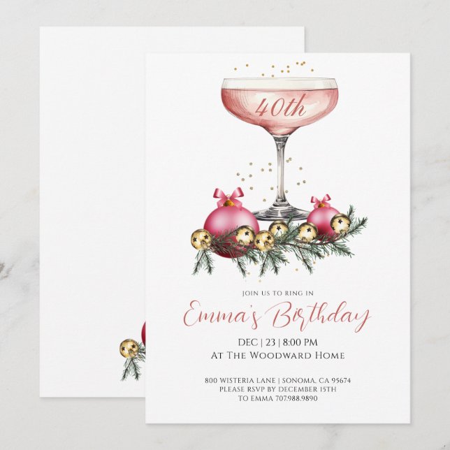 Invitation Chic Modern 40th Christmas Season Birthday Party (Devant / Derrière)