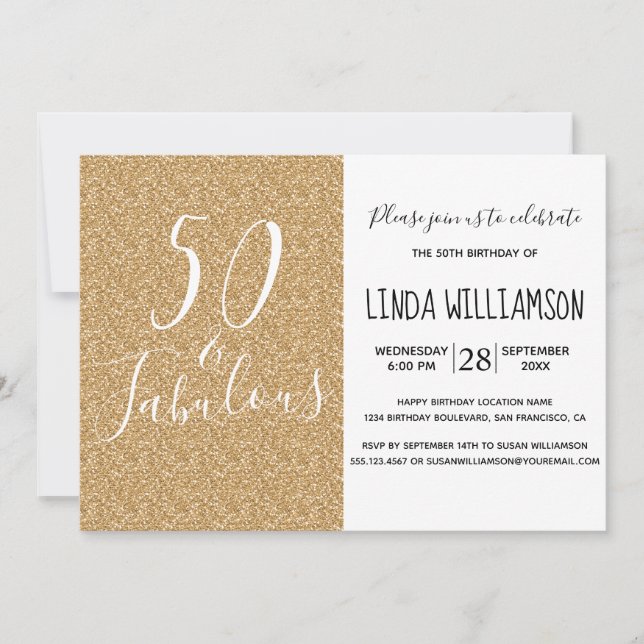 Invitation Chic Moderne 50 Fabuleux Parties scintillant d'or  (Devant)