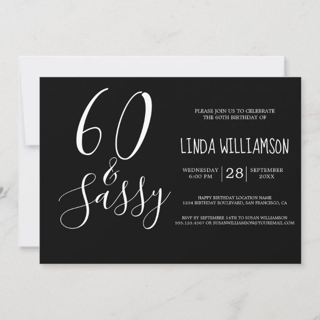 Invitation Chic Moderne 60 Ans Ans 60e Anniversaire Noir Blan (Devant)