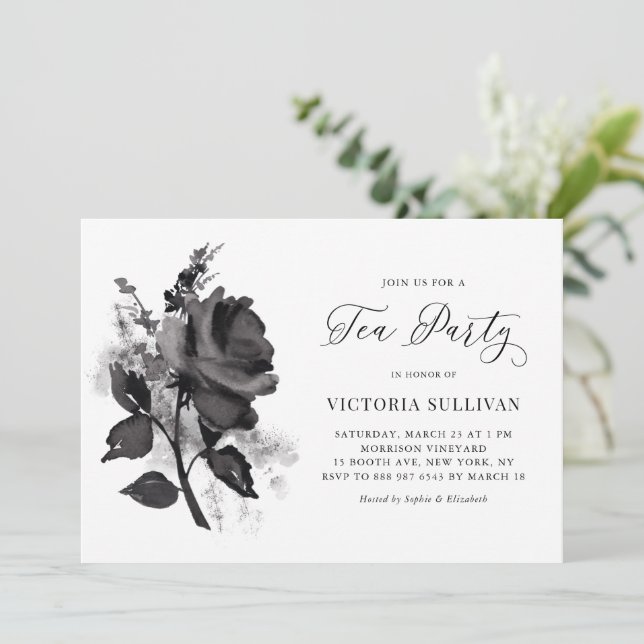 Invitation Chic moderne Aquarelle Black Rose Tea Party (Debout devant)