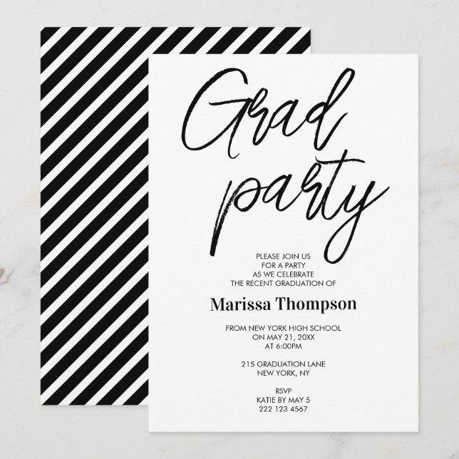 Invitation Chic moderne Black White Stripes Graduation Party (Devant / Derrière)