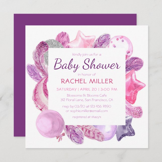 Invitation Chic moderne Boho Aquarelle Girly Baby shower rose (Devant / Derrière)
