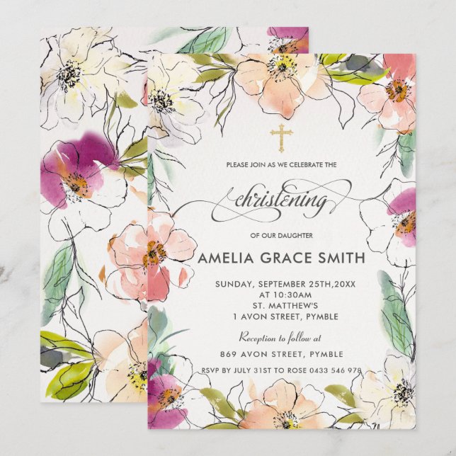 Invitation Chic Moderne Elégant Aquarelle Floral Christening (Devant / Derrière)