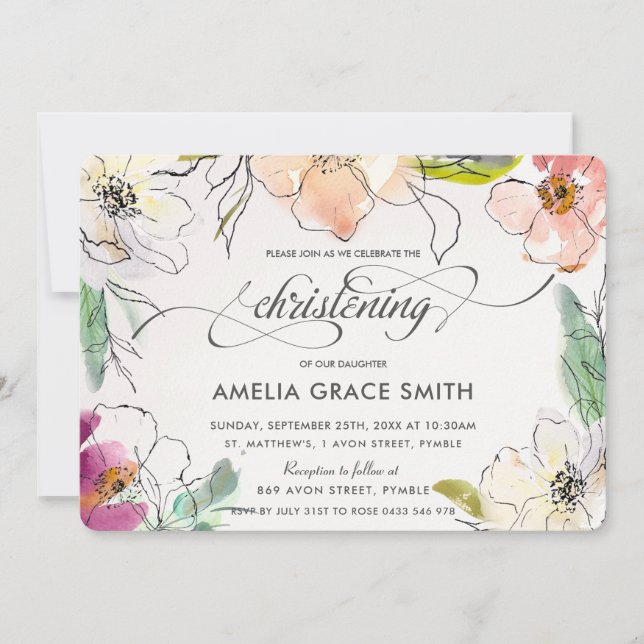 Invitation Chic Moderne Elégant Aquarelle Floral Christening (Devant)