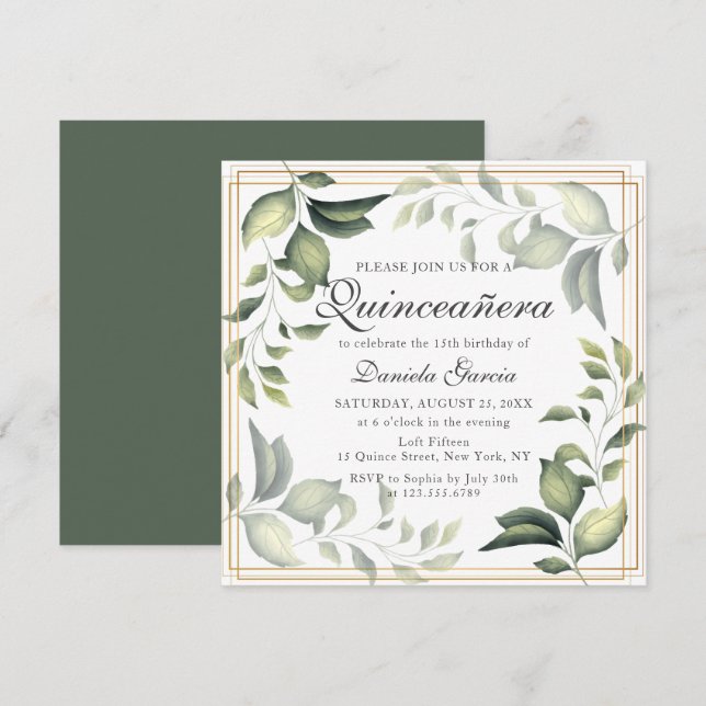 Invitation Chic Moderne Floral Verdure Botanique Quiceanera (Devant / Derrière)