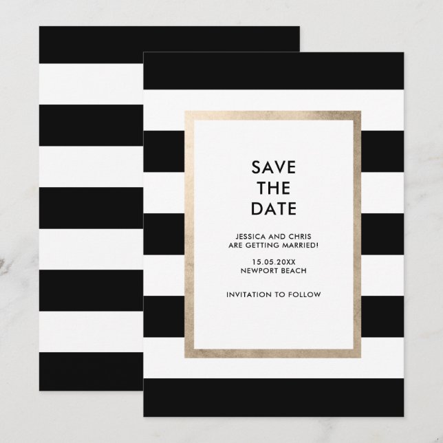 Invitation Chic moderne Gras Noir Blanc Grille Rose Or Foil (Devant / Derrière)