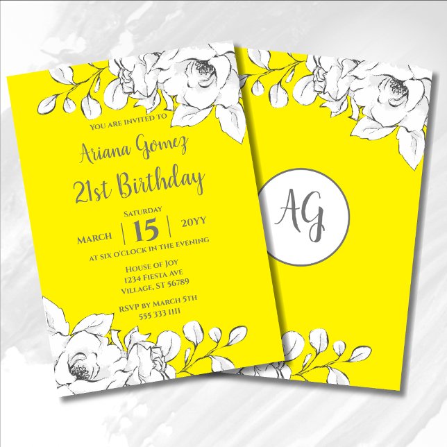 Invitation Chic Moderne Jaune Blanc Floral 21e anniversaire (Créateur téléchargé)