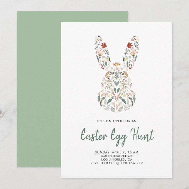 Invitation Chic moderne lapin floral Chasse aux oeufs de Pâqu (Devant / Derrière)