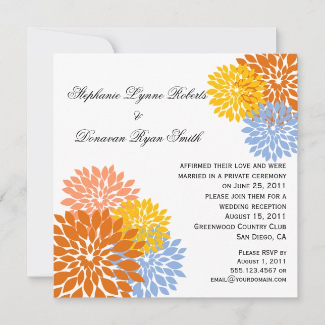 Invitation Chic Moderne Orange Pêche Bleu Pétales Fleur Or (Devant)