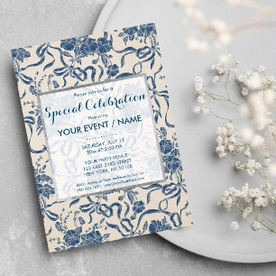 Invitation Chic Moderne Vintage Ivory Navy Blue Floral Événem