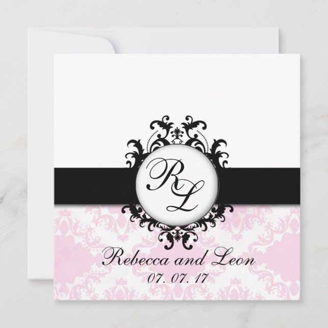 Invitation Chic Monogramme Initiales Pink Mariage damassé Inv (Devant)