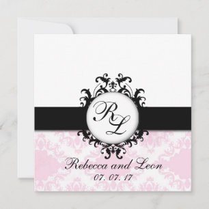 Invitation Chic Monogramme Initiales Pink Mariage damassé Inv