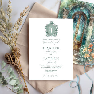 Invitation Chic Monogramme vert, bleu Turquoise Mariage d'aqu