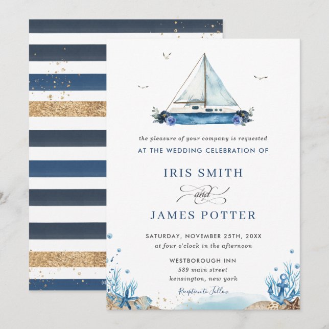 Invitation Chic Nautique Bleu Plage Mariage moderne (Devant / Derrière)