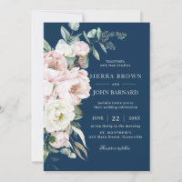 Chic Navy Blue Blush Ivory Peonies Floral Mariage