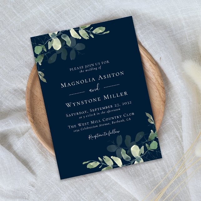 Invitation Chic Navy Blue Eucalyptus Mariage (Créateur téléchargé)