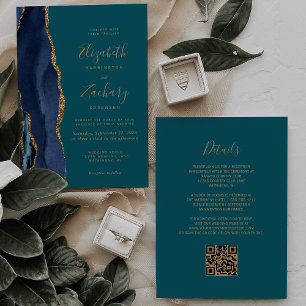 Invitation Chic Navy Blue Gold Agate Turquoise QR Code Mariag