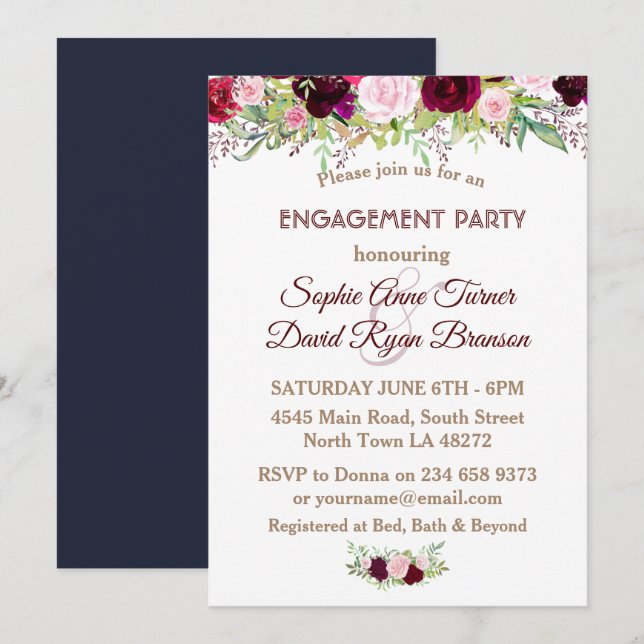 Invitation Chic Navy Blue Marsala Floral Engagement Party (Devant / Derrière)
