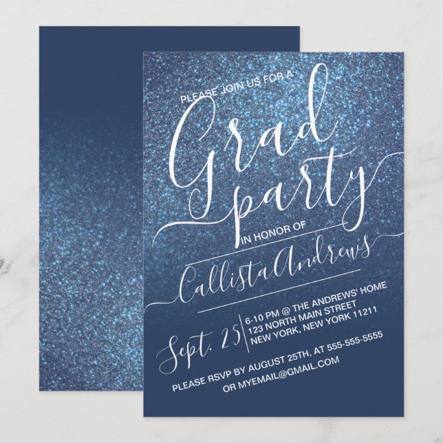 Invitation Chic Navy Blue Parties scintillant brillante Ombre (Devant / Derrière)
