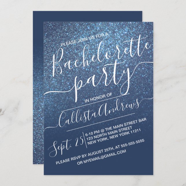 Invitation Chic Navy Blue Parties scintillant brillante Ombre (Devant / Derrière)