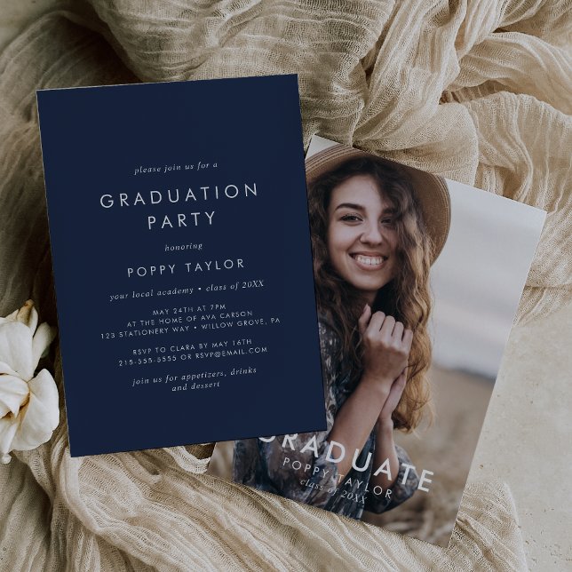 Invitation Chic Navy Blue Photo Graduation Party (Créateur téléchargé)