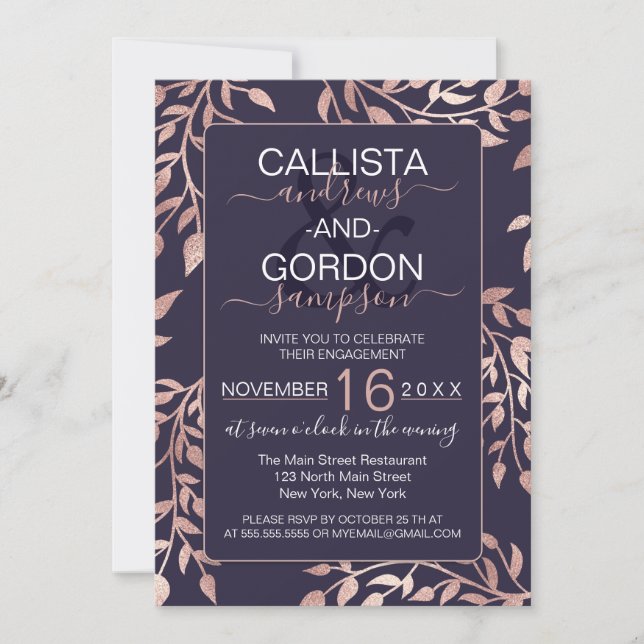 Invitation Chic Navy Blue Rose or Floral Feuille Fiançailles (Devant)