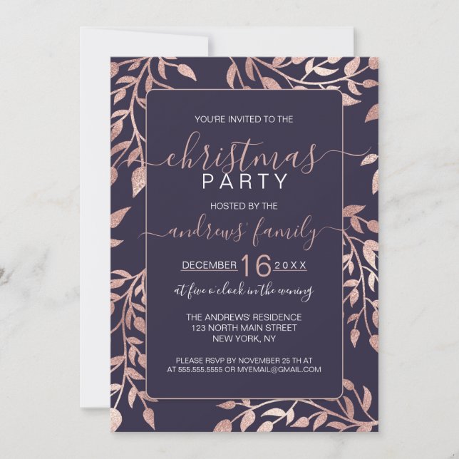 Invitation Chic Navy Blue Rose or Floral Feuilles Noël (Devant)