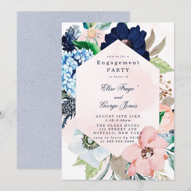 Invitation Chic Navy Blush rose Floral Engagement Party Invit (Devant / Derrière)