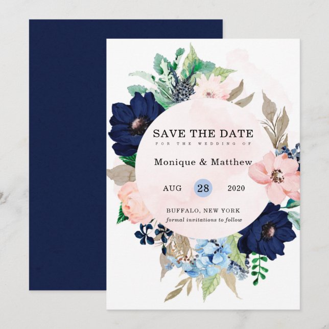 Invitation Chic Navy Blush Rose Floral Mariage Enregistrer La (Devant / Derrière)