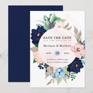 Invitation Chic Navy Blush Rose Floral Mariage Enregistrer La